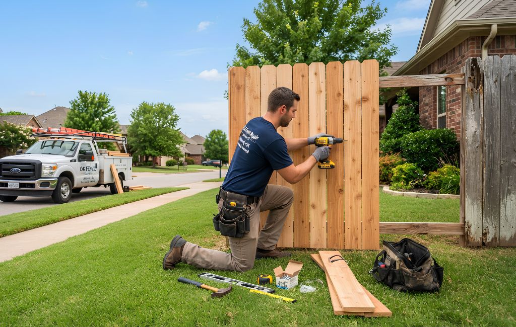 A person kneels on the grass, using a yellow drill to attach a wooden fence panel to an existing Edmond OK fence repair. Tools and lumber are laid out on the grass nearby, and a work truck is parked on the street in the background.
